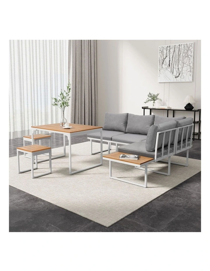 Livsip 6 Seater Outdoor Dining Sofa Set Lounge Furniture Patio Stool White image 5