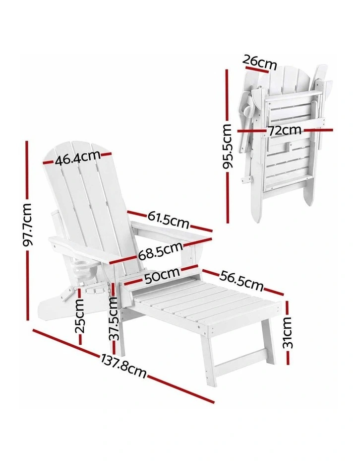 Gardeon Folding Sun Lounger Adirondack Chair Outdoor Lounge Setting HDPE Recliner Footrest White image 2
