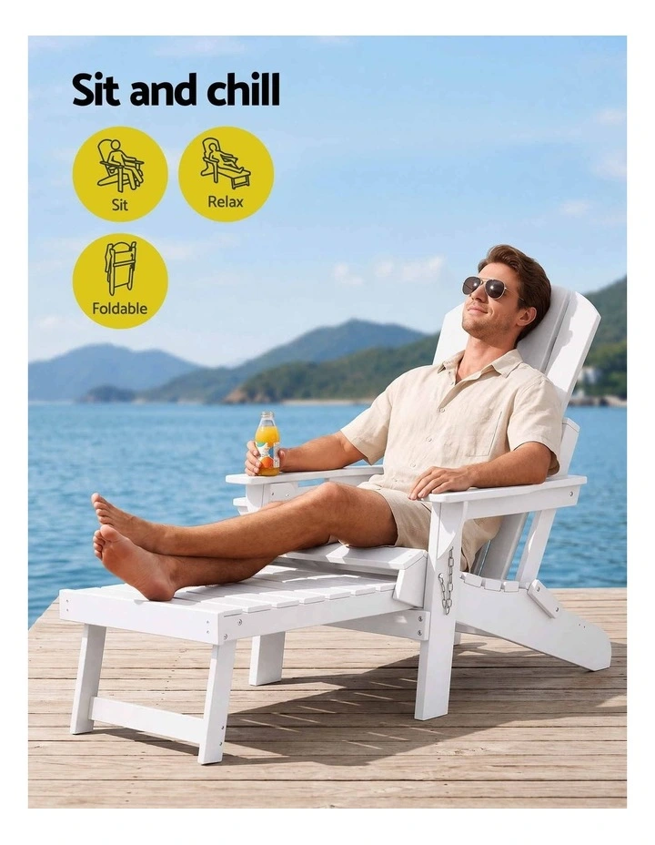 Gardeon Folding Sun Lounger Adirondack Chair Outdoor Lounge Setting HDPE Recliner Footrest White image 4