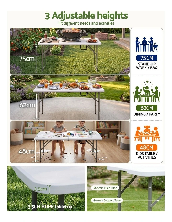 Gardeon 123cm Folding Table Portable Fold-in-Half with Handle Camping Picnic Adjustable Height image 4