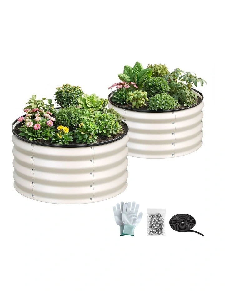 Green Fingers Round Raised Garden Bed 2 Pack Galvanised Planter Box Rust Resistant 60x60x30cm White image 1