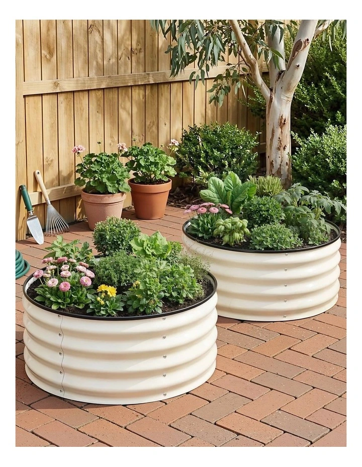 Green Fingers Round Raised Garden Bed 2 Pack Galvanised Planter Box Rust Resistant 60x60x30cm White image 3