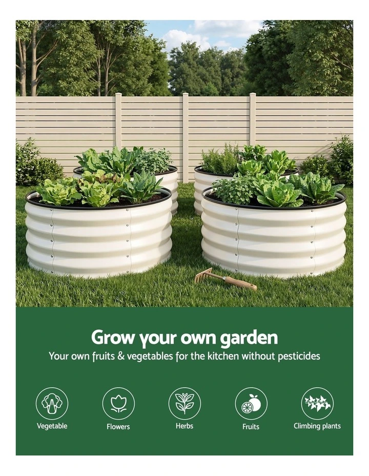 Green Fingers Round Raised Garden Bed 2 Pack Galvanised Planter Box Rust Resistant 60x60x30cm White image 5