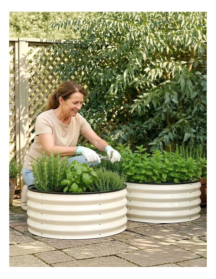 Green Fingers Round Raised Garden Bed 2 Pack Galvanised Planter Box Rust Resistant 60x60x30cm White image 6