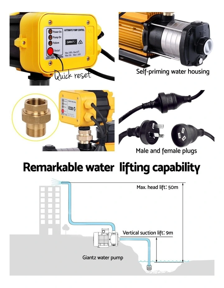 Giantz Garden Water Pump High Pressure 2000W Max 5 Stage Tank Irrigation Transfer Booster Yellow image 7