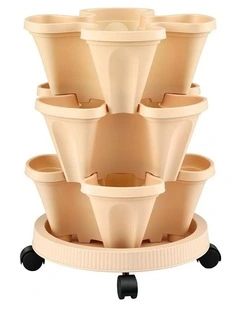Green Fingers 3 Tier Stackable Vertical Planter Tower Strawberry Pot Wheels Beige