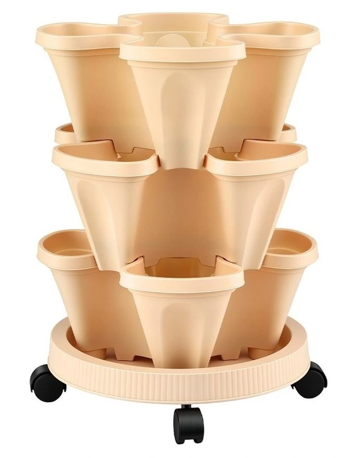 Green Fingers 3 Tier Stackable Vertical Planter Tower Strawberry Pot Wheels Beige image 1