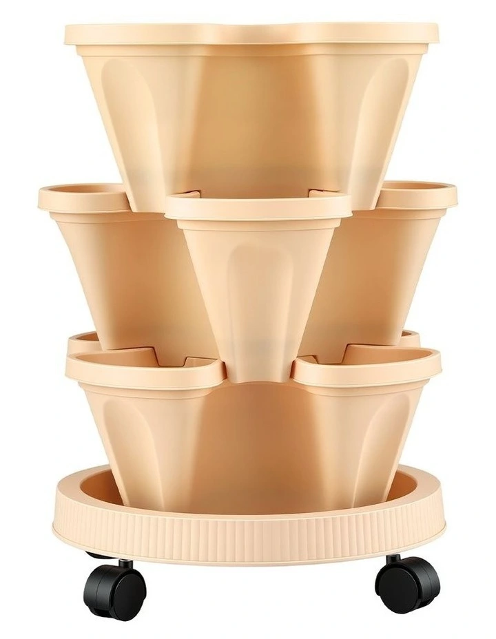 Green Fingers 3 Tier Stackable Vertical Planter Tower Strawberry Pot Wheels Beige image 2
