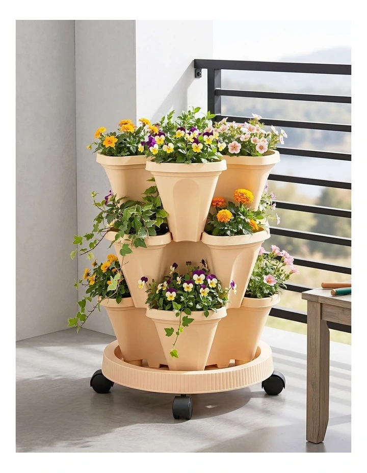 Green Fingers 3 Tier Stackable Vertical Planter Tower Strawberry Pot Wheels Beige image 3