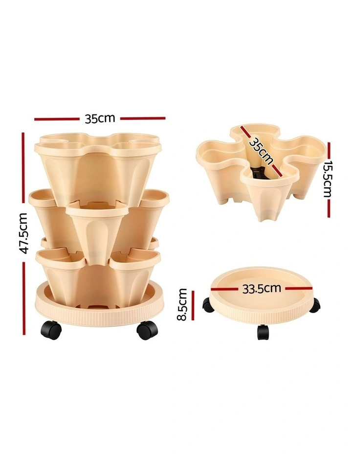 Green Fingers 3 Tier Stackable Vertical Planter Tower Strawberry Pot Wheels Beige image 4