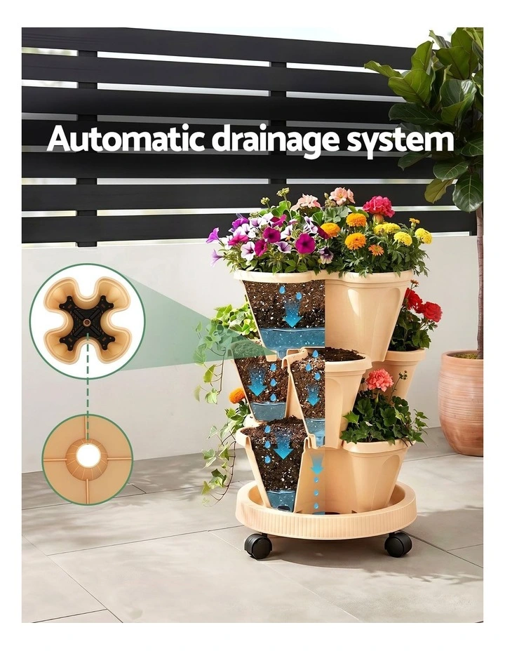 Green Fingers 3 Tier Stackable Vertical Planter Tower Strawberry Pot Wheels Beige image 5