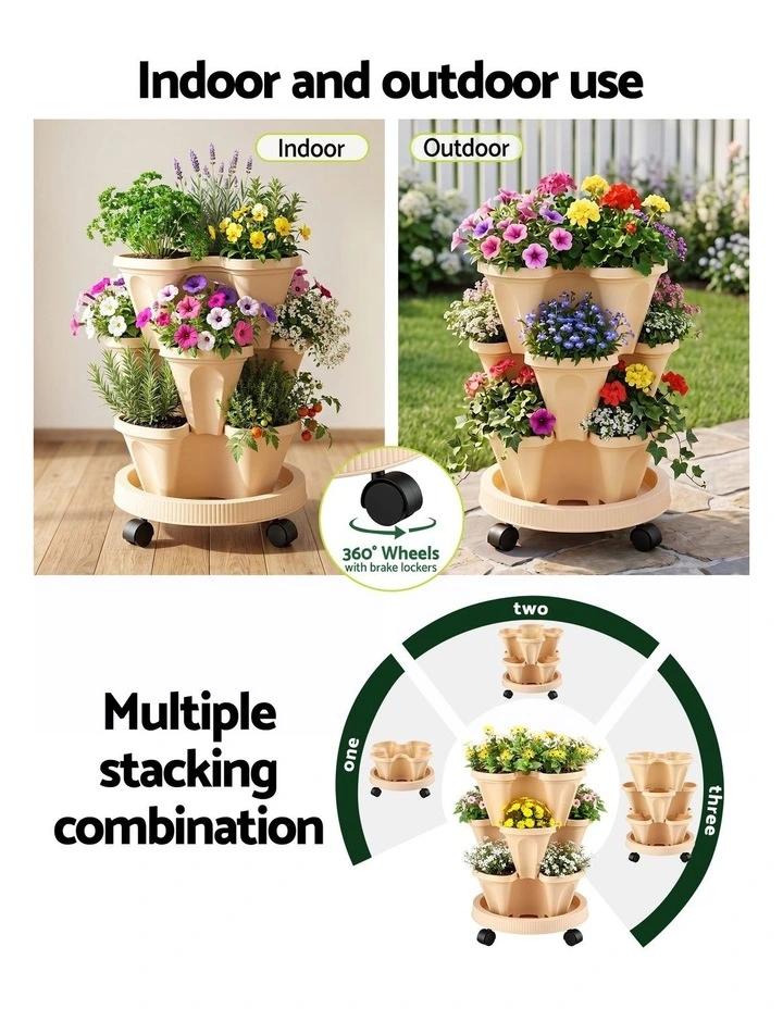 Green Fingers 3 Tier Stackable Vertical Planter Tower Strawberry Pot Wheels Beige image 6