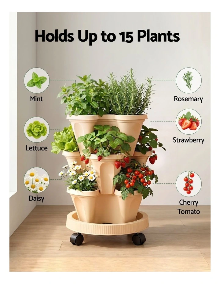 Green Fingers 3 Tier Stackable Vertical Planter Tower Strawberry Pot Wheels Beige image 7