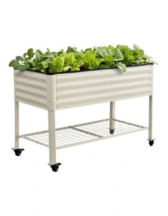 Green Fingers Mobile Raised Garden Bed with Wheels Storage Shelf 81cm White