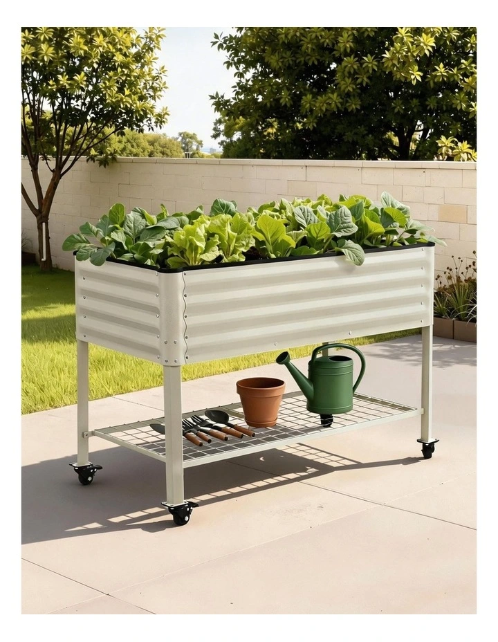 Green Fingers Mobile Raised Garden Bed with Wheels Storage Shelf 81cm White image 3