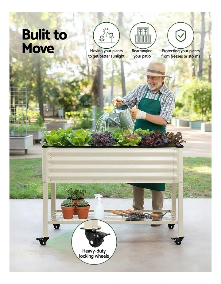 Green Fingers Mobile Raised Garden Bed with Wheels Storage Shelf 81cm White image 5