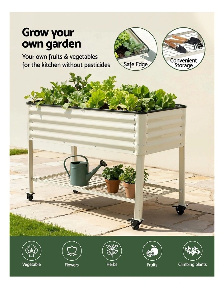 Green Fingers Mobile Raised Garden Bed with Wheels Storage Shelf 81cm White image 6