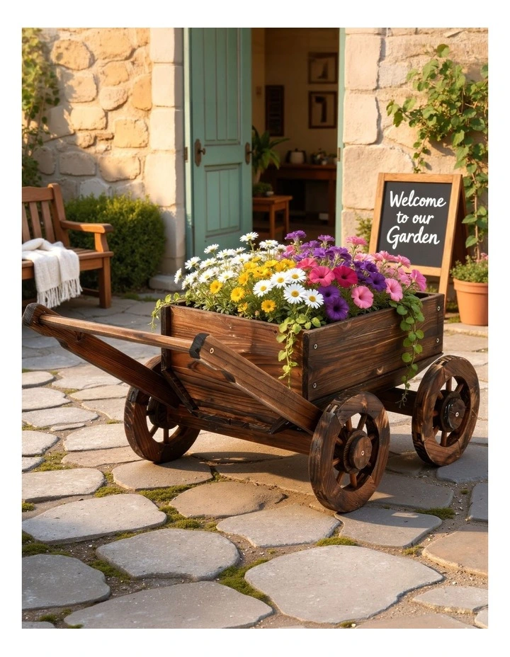 Gardeon Wooden Planter Cart Garden Decor Plant Stand Flower Fir Wood Wagon Wheels L image 1