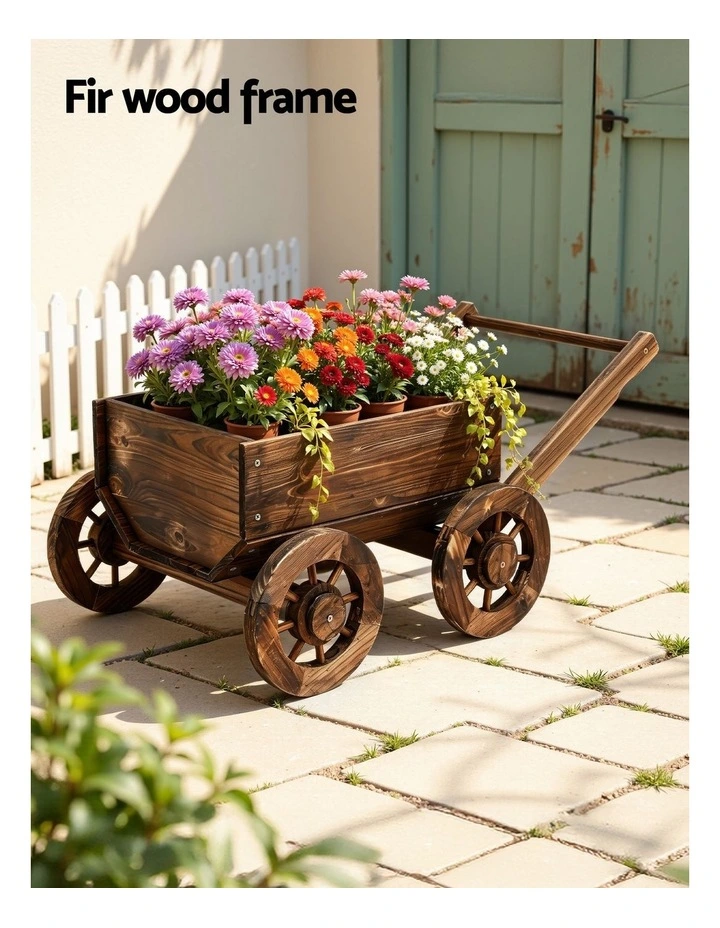 Gardeon Wooden Planter Cart Garden Decor Plant Stand Flower Fir Wood Wagon Wheels L image 4
