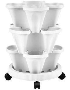 Green Fingers 3 Tier Stackable Vertical Planter Tower Strawberry Pot Wheels White