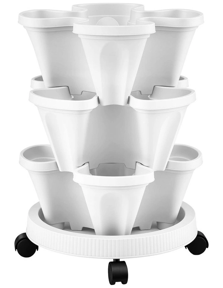 Green Fingers 3 Tier Stackable Vertical Planter Tower Strawberry Pot Wheels White image 1