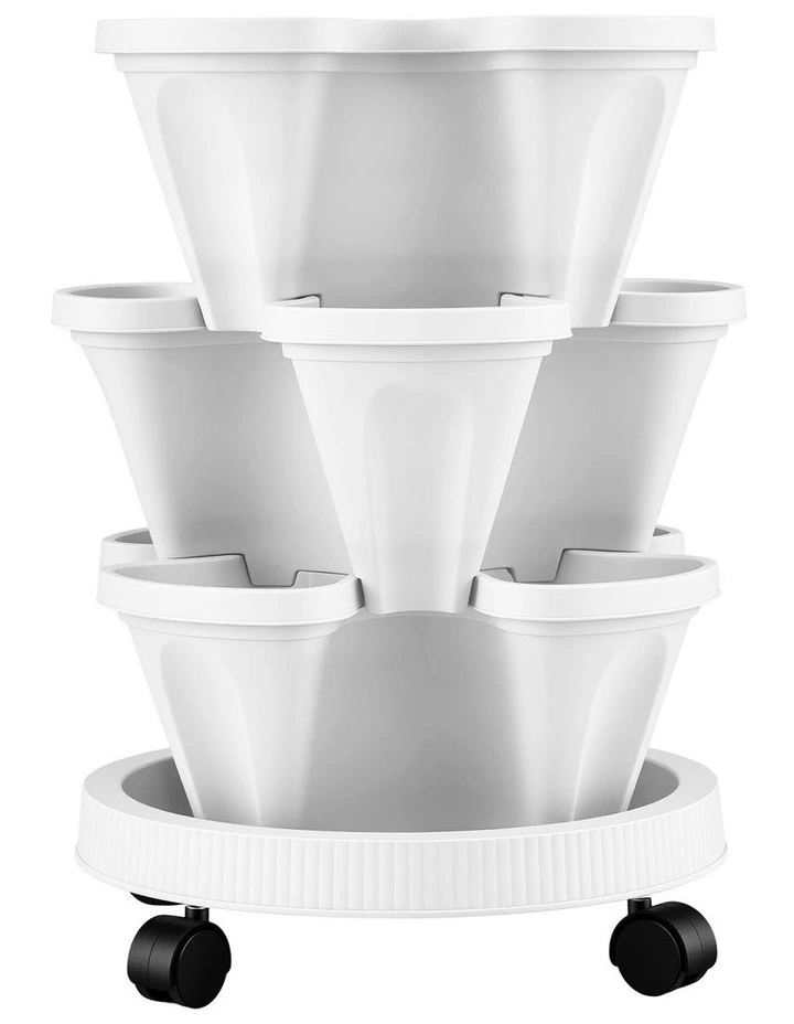 Green Fingers 3 Tier Stackable Vertical Planter Tower Strawberry Pot Wheels White image 2