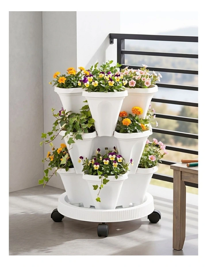 Green Fingers 3 Tier Stackable Vertical Planter Tower Strawberry Pot Wheels White image 3