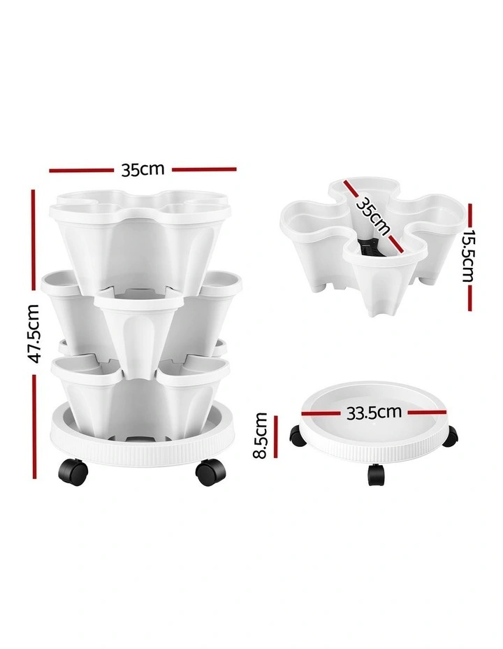 Green Fingers 3 Tier Stackable Vertical Planter Tower Strawberry Pot Wheels White image 4