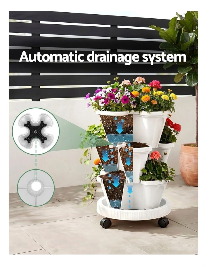 Green Fingers 3 Tier Stackable Vertical Planter Tower Strawberry Pot Wheels White image 5