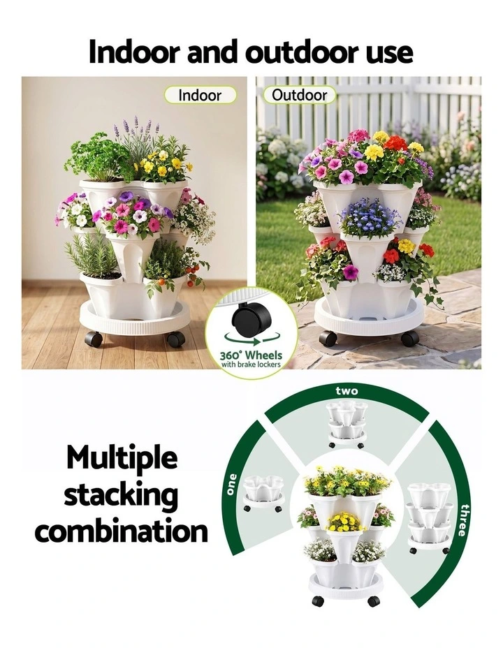 Green Fingers 3 Tier Stackable Vertical Planter Tower Strawberry Pot Wheels White image 6