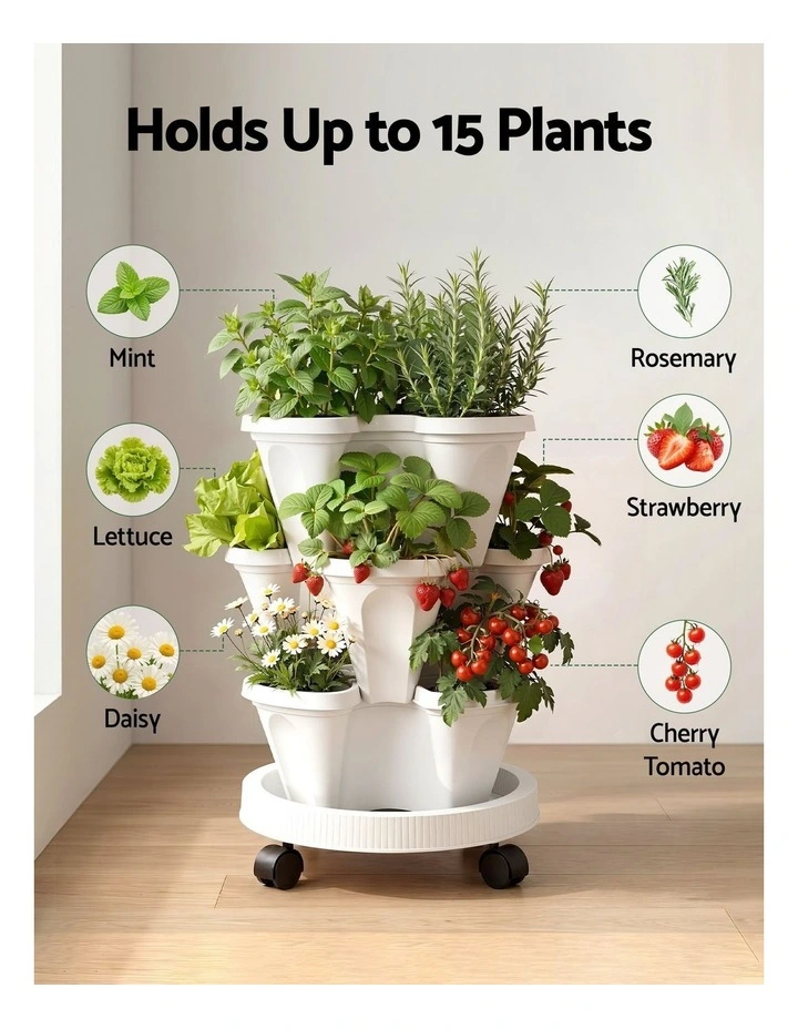 Green Fingers 3 Tier Stackable Vertical Planter Tower Strawberry Pot Wheels White image 7