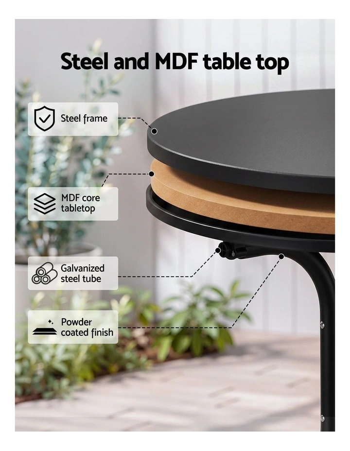 Gardeon Outdoor Side Table 80cm Folding Steel Round Bistro Desk Cafe Patio Furniture Black image 5