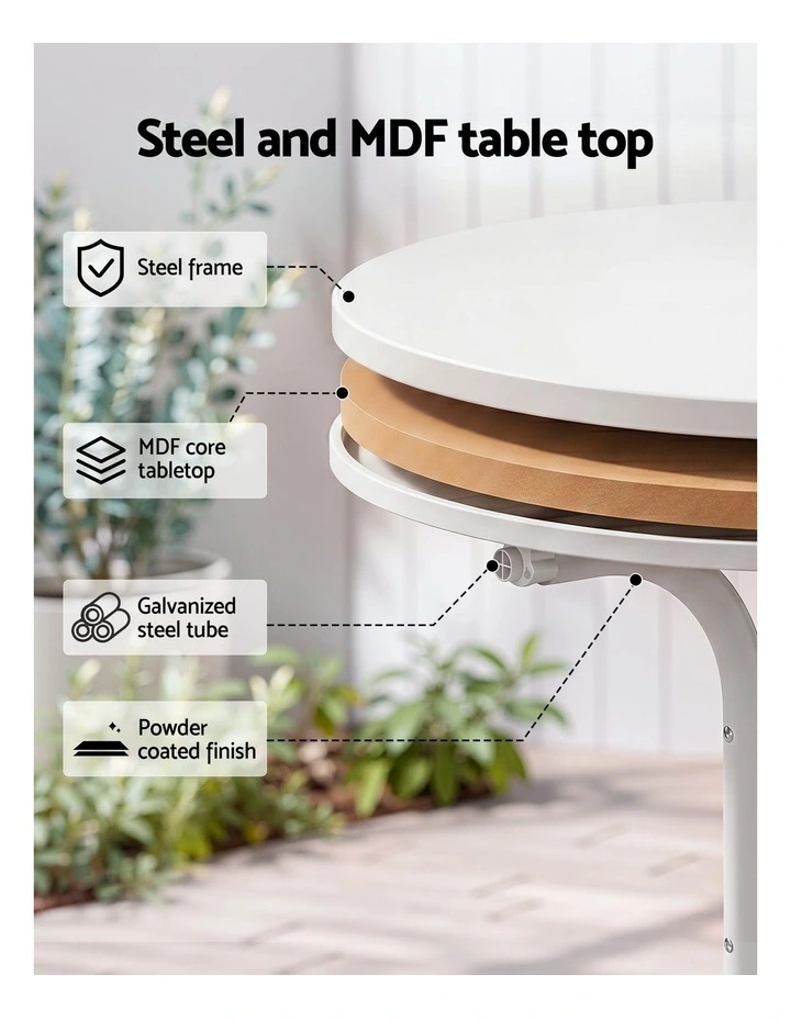 Gardeon Outdoor Side Table 80cm Folding Steel Round Bistro Desk Cafe Patio Furniture White image 5