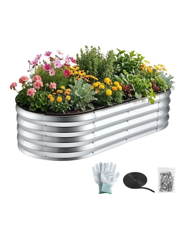 Green Fingers Raised Garden Bed Galvanised Oval Metal Planter Box Large Outdoor 120x60x30cm Silver image 1