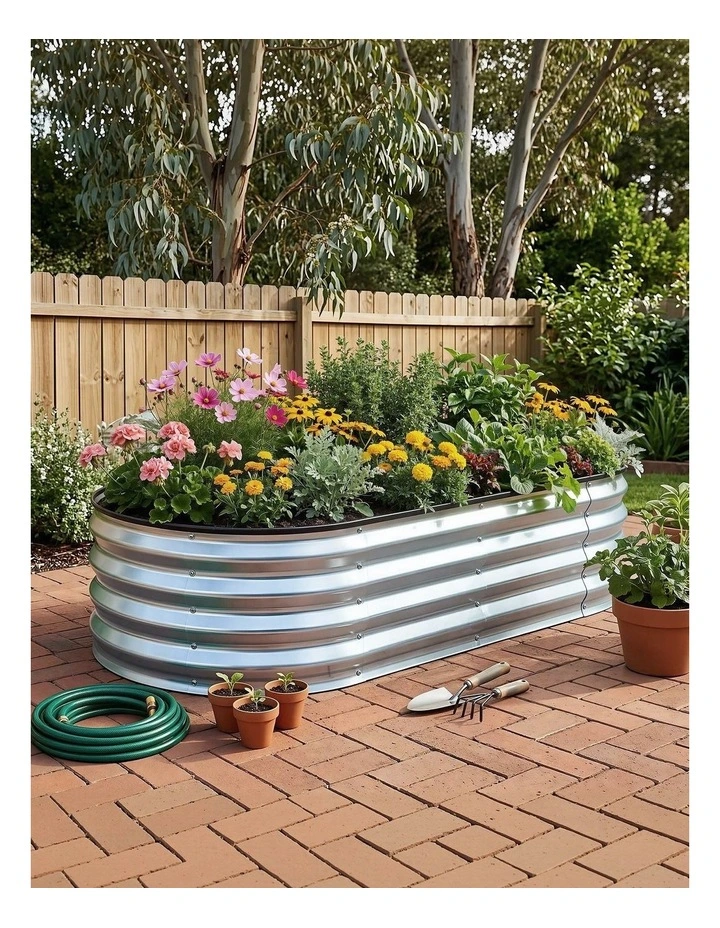 Green Fingers Raised Garden Bed Galvanised Oval Metal Planter Box Large Outdoor 120x60x30cm Silver image 3