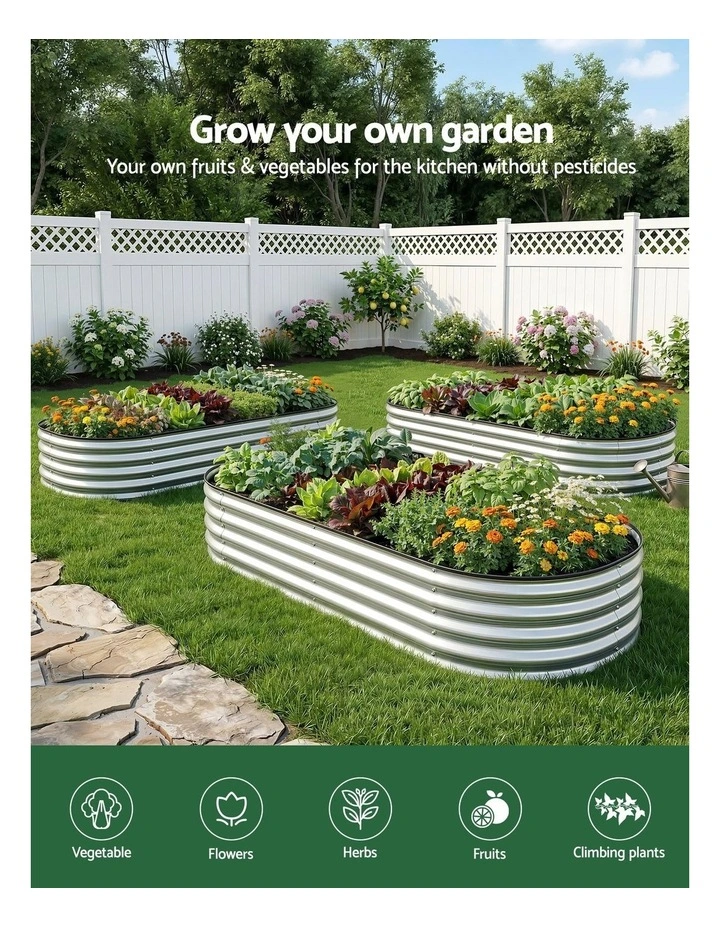 Green Fingers Raised Garden Bed Galvanised Oval Metal Planter Box Large Outdoor 120x60x30cm Silver image 5