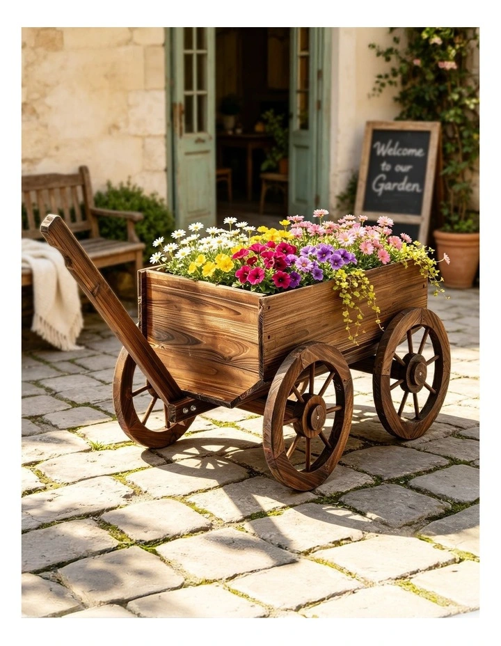 Gardeon Wooden Planter Cart Garden Decor Plant Stand Fir Wood Flower Wagon Wheels XL image 1