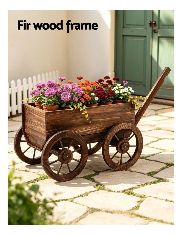 Gardeon Wooden Planter Cart Garden Decor Plant Stand Fir Wood Flower Wagon Wheels XL image 4