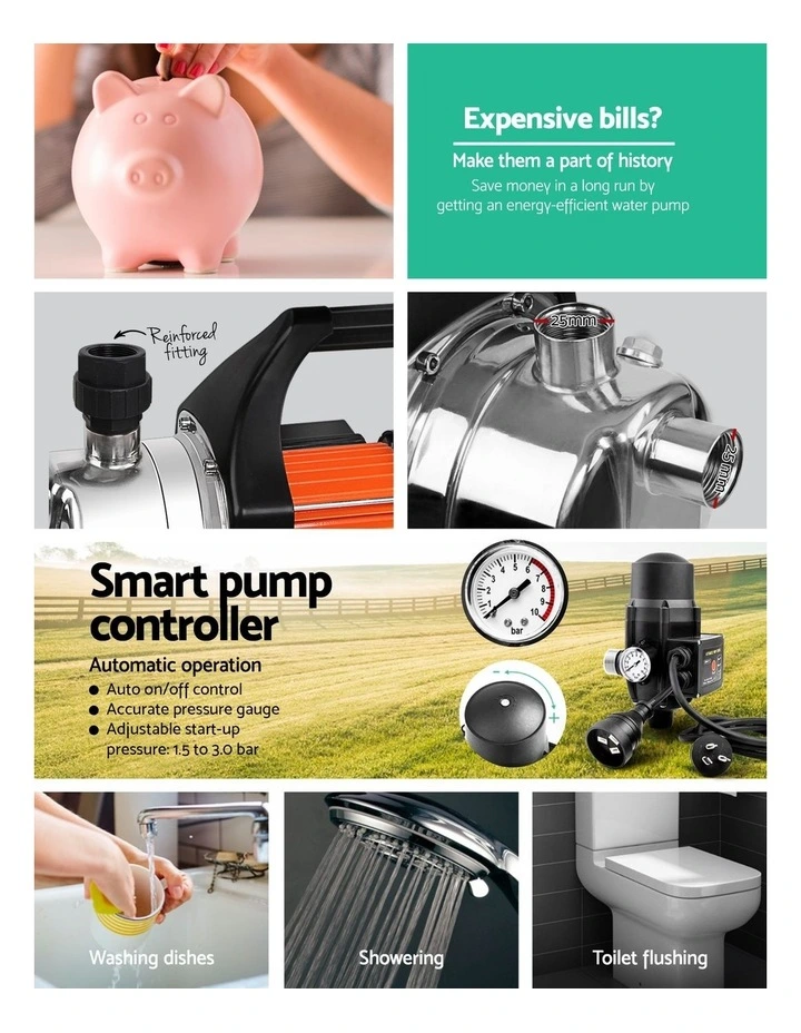 Giantz Garden Water Pump High Pressure 800W Max. Tank Rain Farm Irrigation House Black image 6