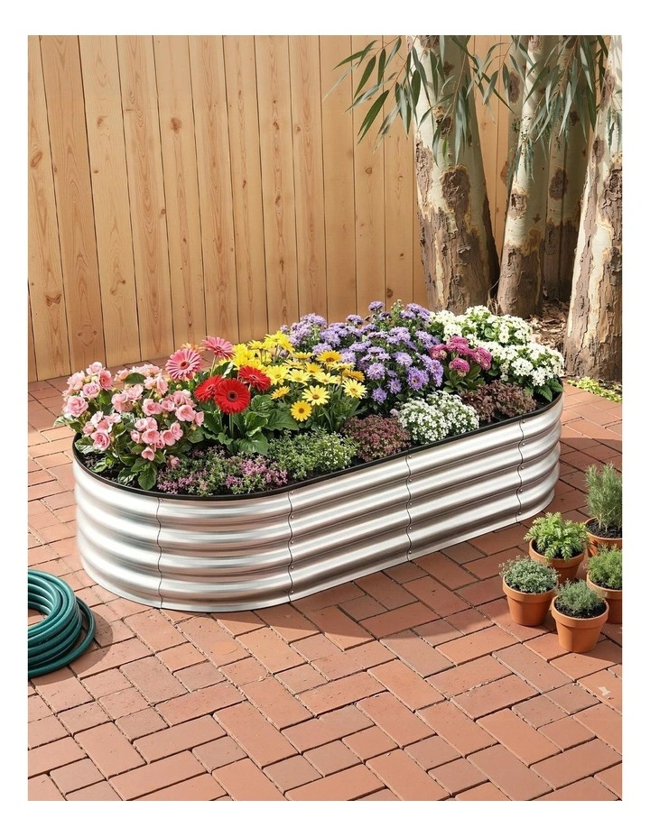 Green Fingers Raised Garden Bed Galvanised Oval Metal Planter Box Large Outdoor 150x70x30cm Silver image 3