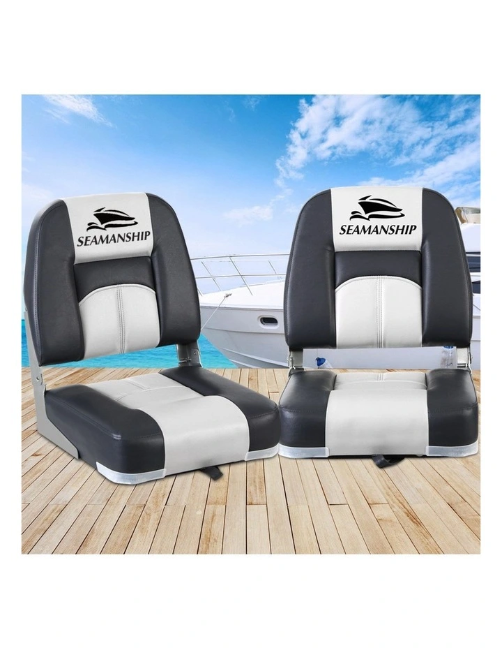 Seamanship 2X Folding Boat Seats Marine Seat Swivel Low Back 10cm Padding Grey image 3