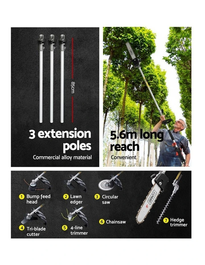 Giantz 62CC Pole Chainsaw Hedge Trimmer Brush Cutter Whipper 7-in-1 5.6m Black image 7