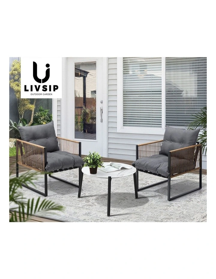 Livsip Outdoor Patio Set Furniture White 50cm Coffee Table Rattan Chairs 3PCS image 7