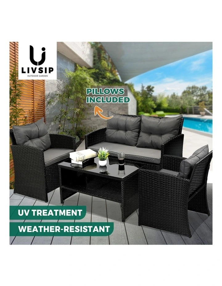 Livsip Outdoor Furniture 4 Piece Wicker Sofa Chair Table Dining Lounge Set image 4