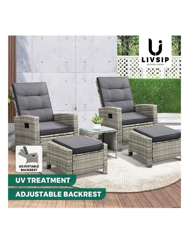 Livsip Recliner Chair Wicker Outdoor Furniture Garden Patio Lounge 5PCS Setting image 4