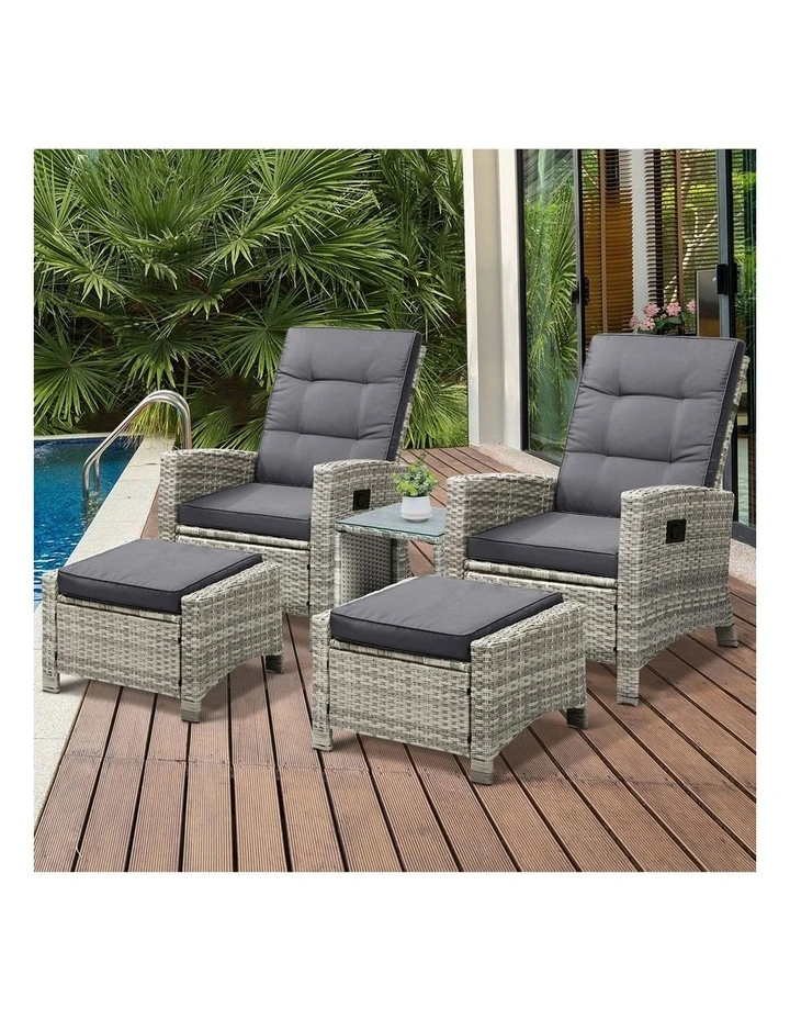Livsip Recliner Chair Wicker Outdoor Furniture Garden Patio Lounge 5PCS Setting image 5