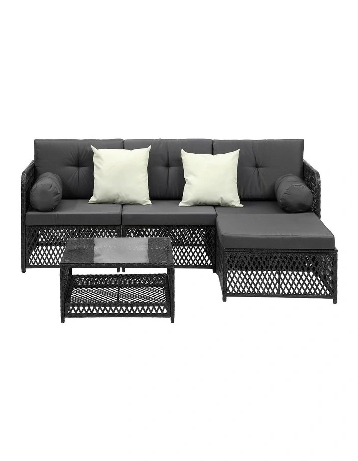 Livsip Outdoor Sofa Set 4 Seater Wicker Corner Modular Lounge Setting Black image 2