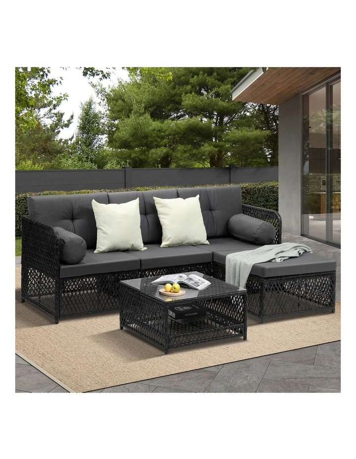 Livsip Outdoor Sofa Set 4 Seater Wicker Corner Modular Lounge Setting Black image 4