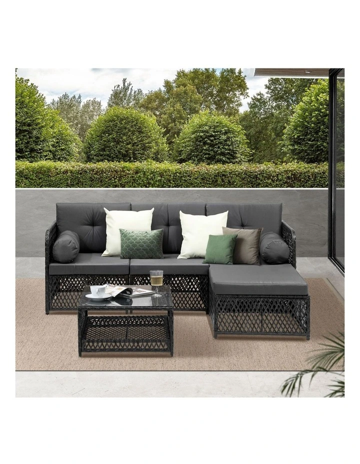Livsip Outdoor Sofa Set 4 Seater Wicker Corner Modular Lounge Setting Black image 5