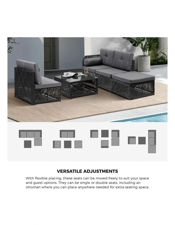 Livsip Outdoor Sofa Set 4 Seater Wicker Corner Modular Lounge Setting Black image 6